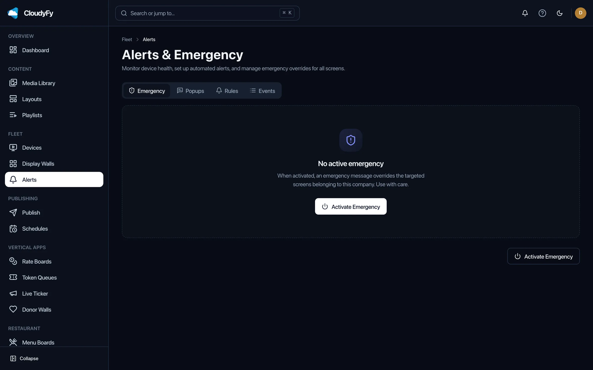 The CloudyFy TV alerts console showing an active fleet-wide takeover alert.