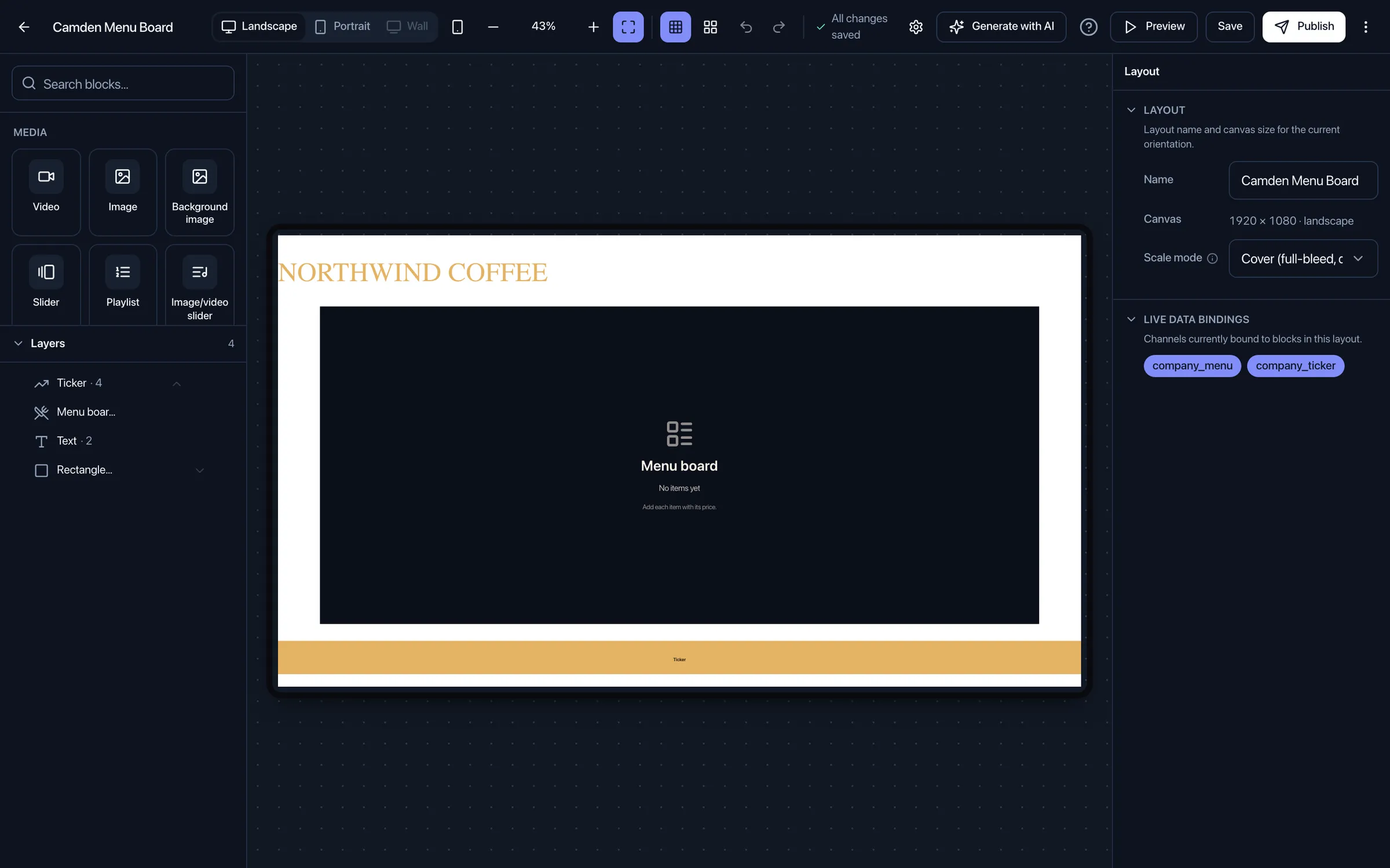 The CloudyFy TV layout editor, with the menu board open on the canvas and its blocks listed beside it
