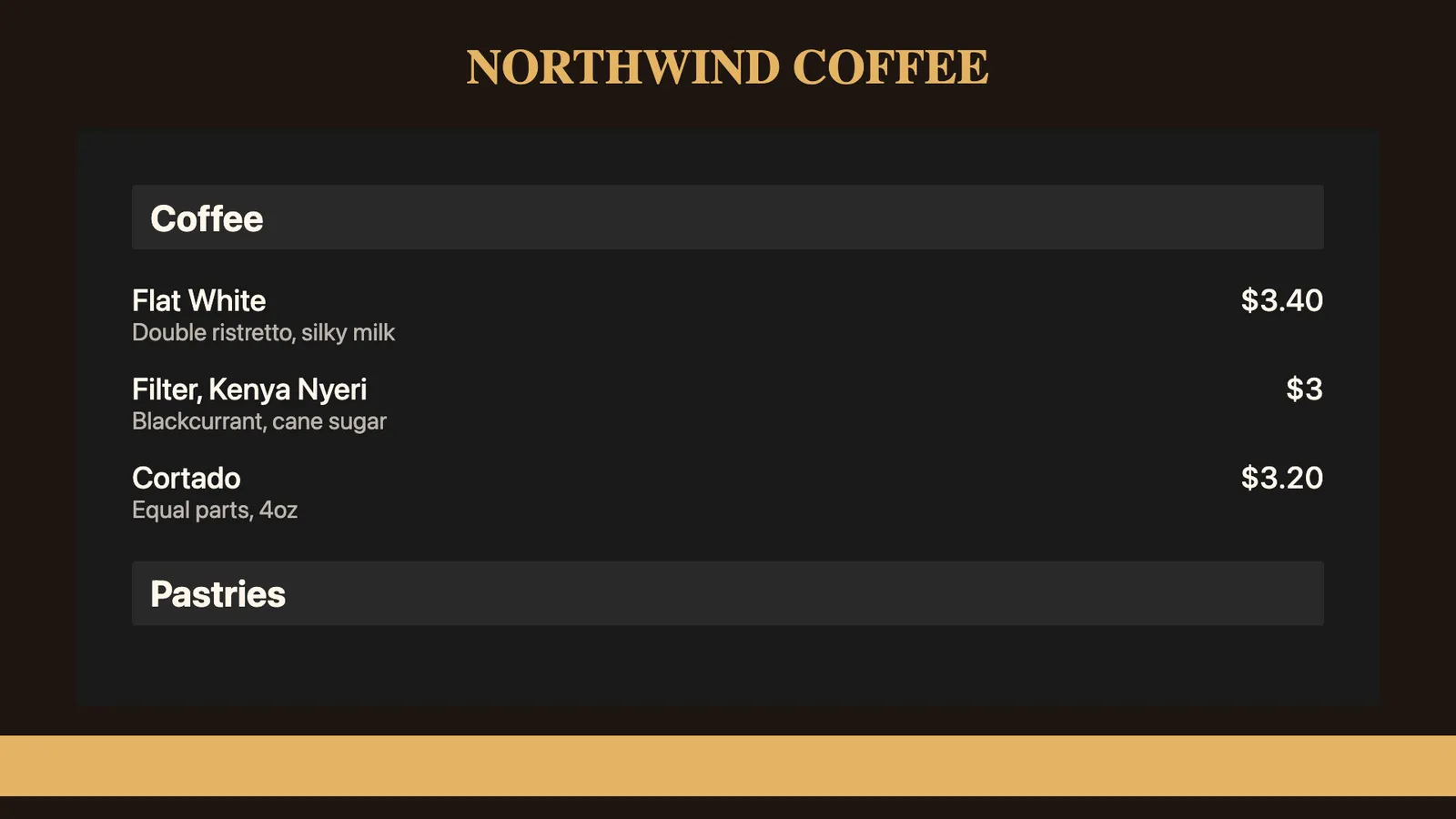 A Northwind Coffee menu board playing full screen, with coffee and pastry sections, item descriptions and prices