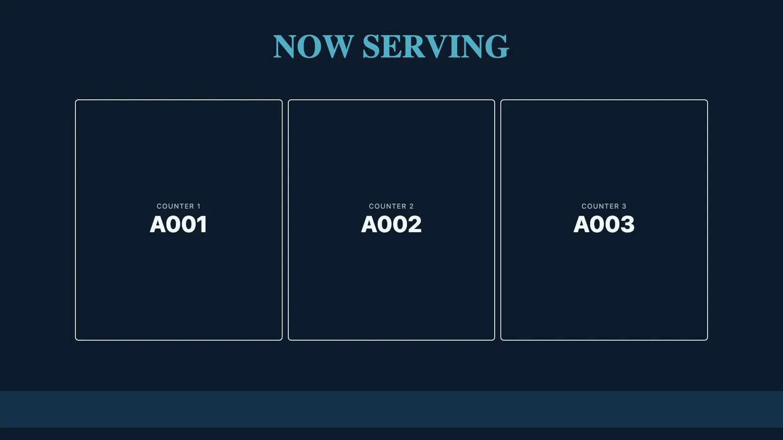A token queue display playing full screen, with the now-serving number large and the next counters beside it