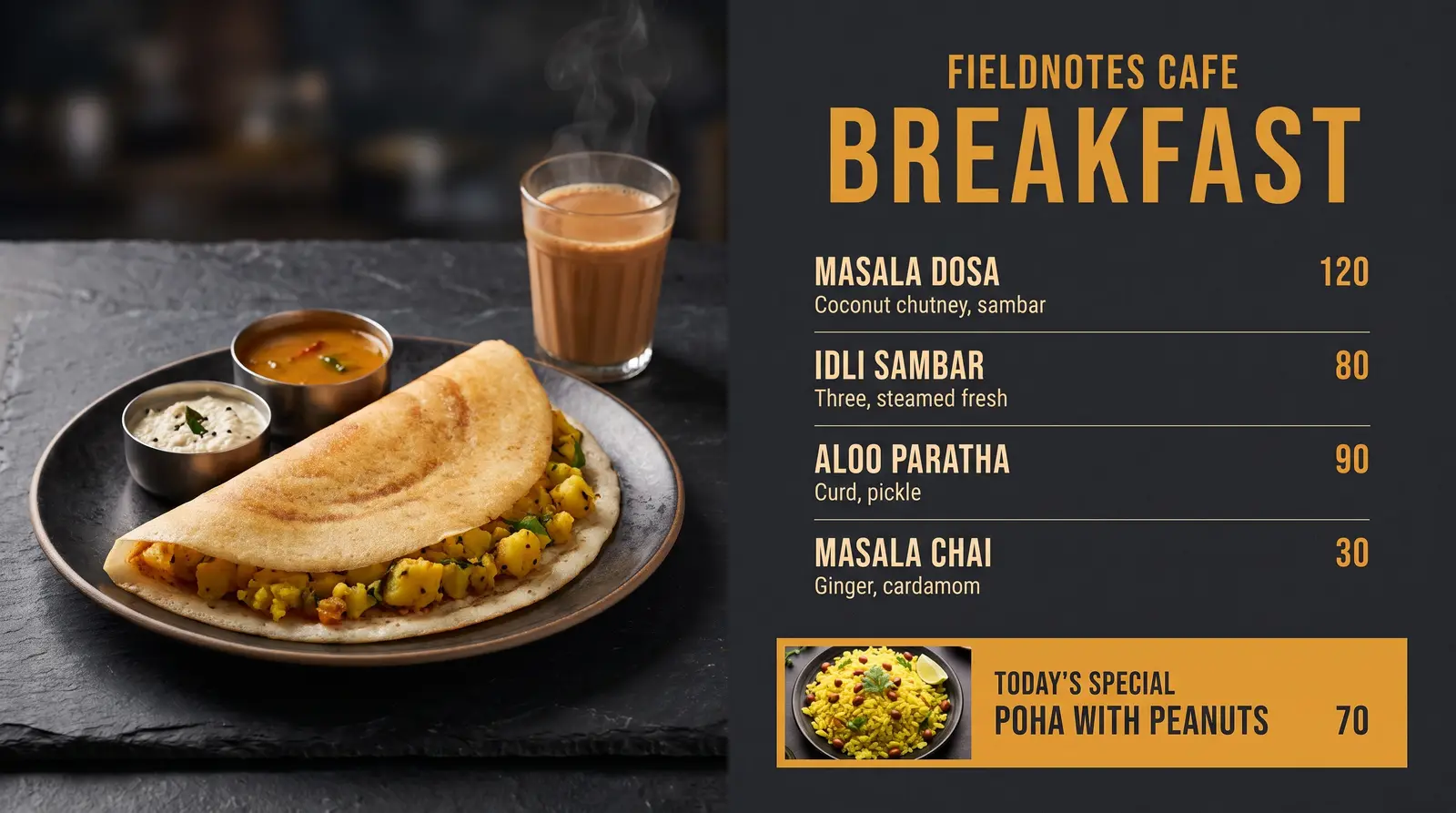 Breakfast menu on the pinned TV at 07:00