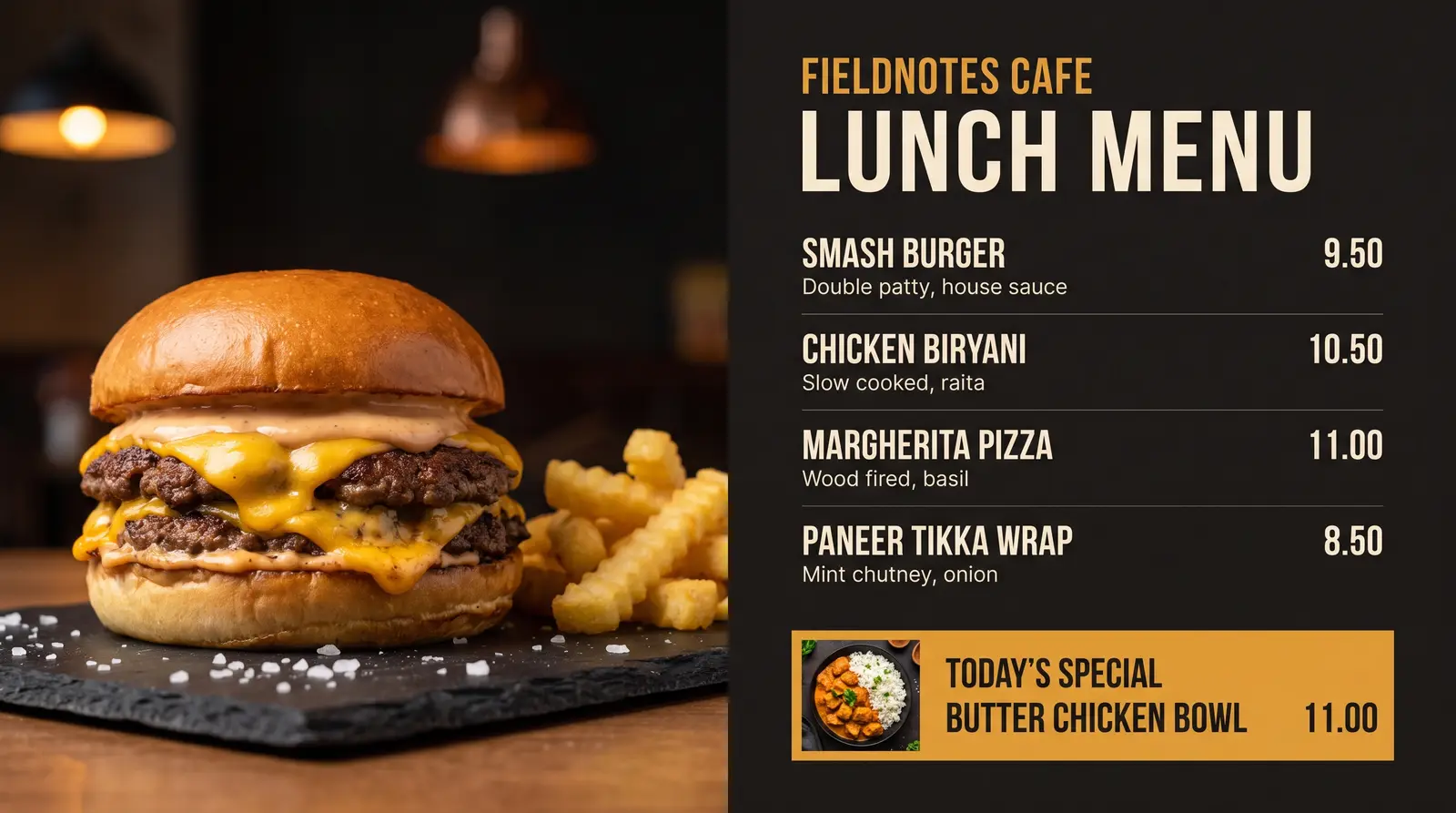 A lunch menu board playing on a TV: a smash burger photographed on slate beside four priced dishes, and today’s special, a butter chicken bowl, on an amber block