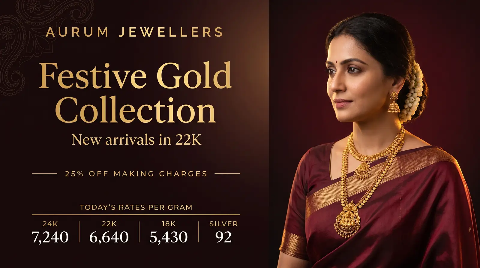 A festive jewellery board playing on a showroom TV: a gold collection photograph beside today’s rates per gram, over a making-charges offer