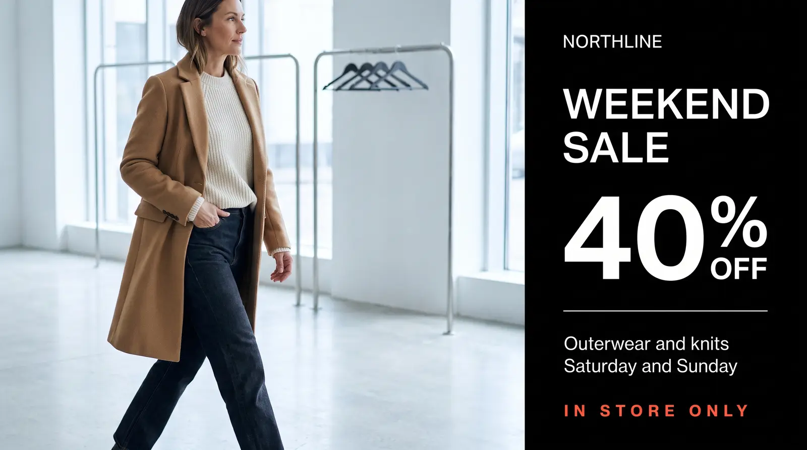 A weekend sale board arriving on a shop window TV the moment it is published: forty per cent off outerwear and knits