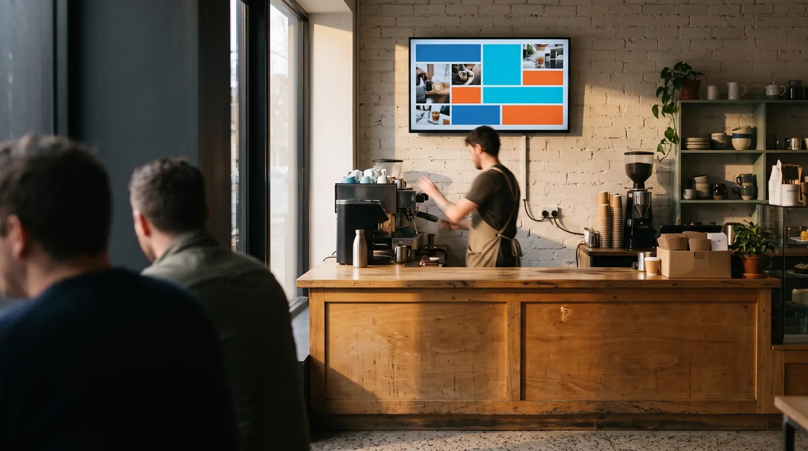 A cafe screen playing a rotating playlist of menu and promo layouts.