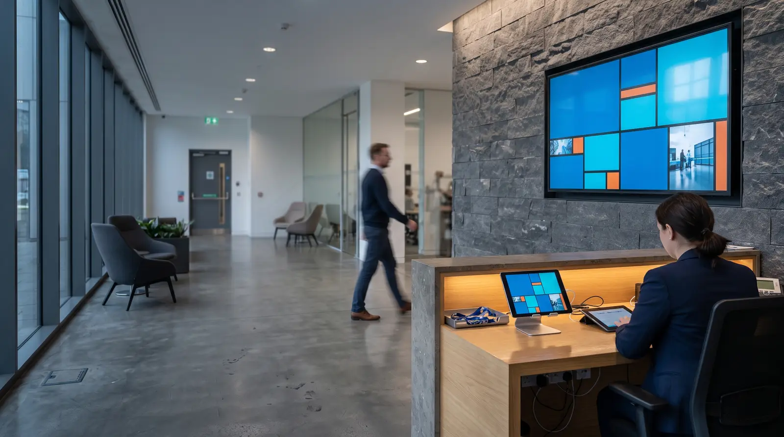A lobby screen playing signage content.