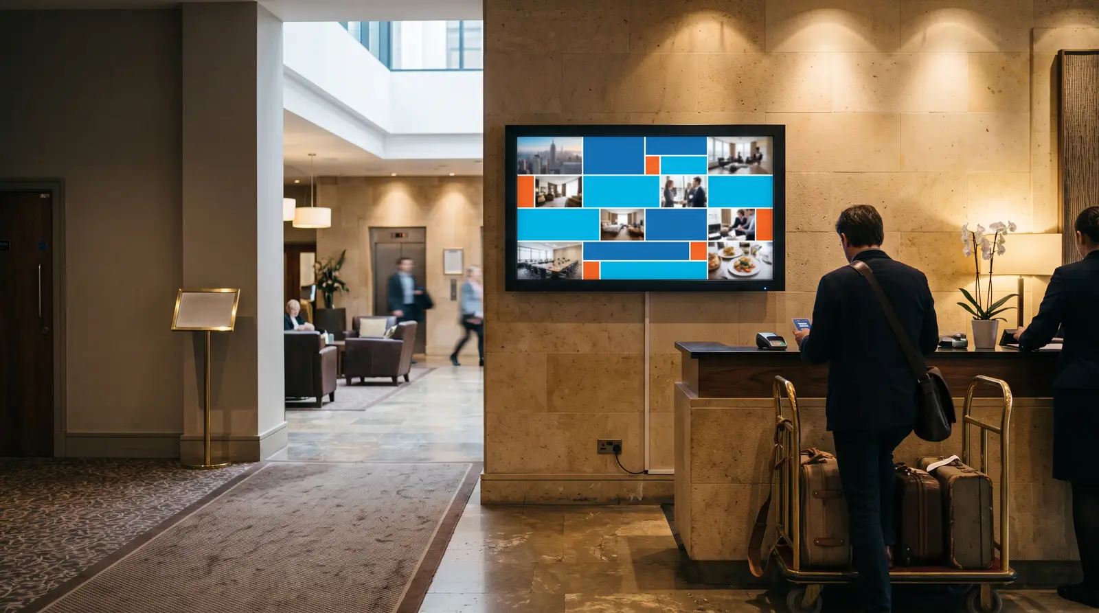 A hotel lobby screen running content that was published through the readiness wizard.