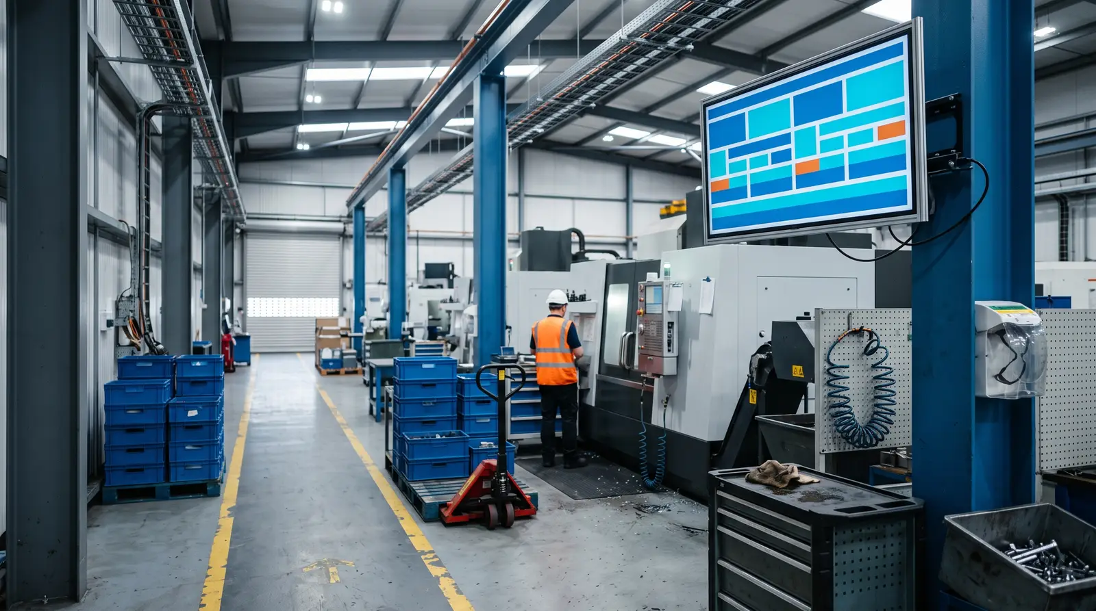 A landscape screen on a manufacturing floor still playing its published content.