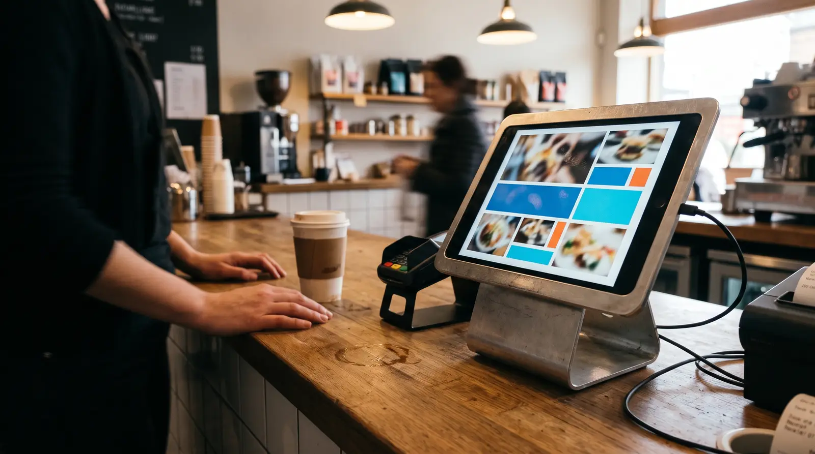 An Android tablet mounted at a counter running digital signage
