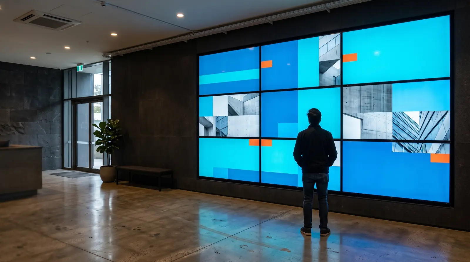 A coordinated grid of screens forming one video wall in a lobby.